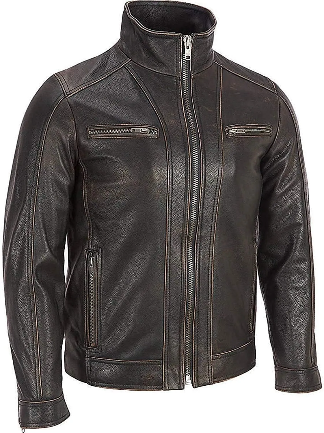 HIGOBO Black Rivet Mens Leather Genuine Cow Hide Distressed Leather Jacket Men