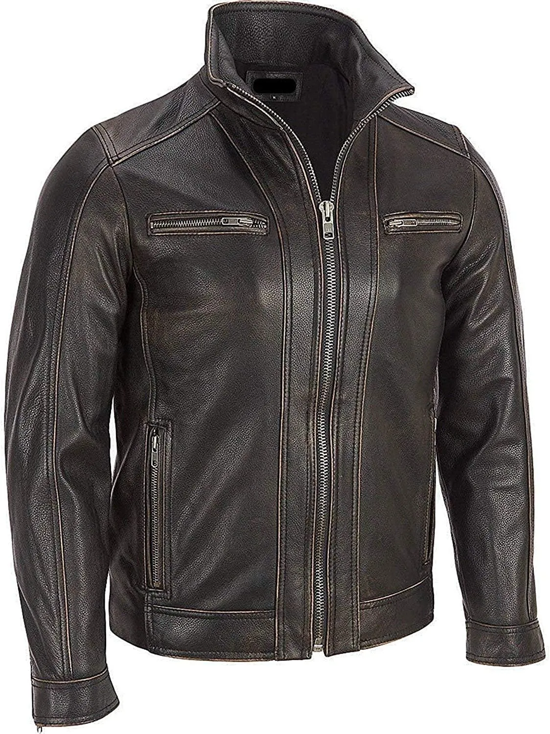 HIGOBO Black Rivet Mens Leather Genuine Cow Hide Distressed Leather Jacket Men