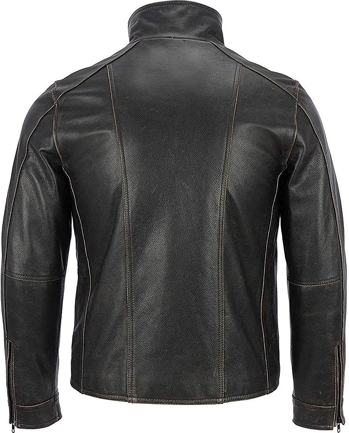 HIGOBO Black Rivet Mens Leather Genuine Cow Hide Distressed Leather Jacket Men