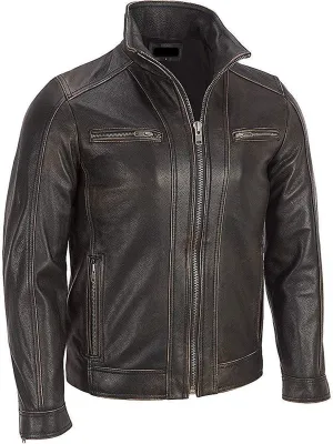 HIGOBO Black Rivet Mens Leather Genuine Cow Hide Distressed Leather Jacket Men