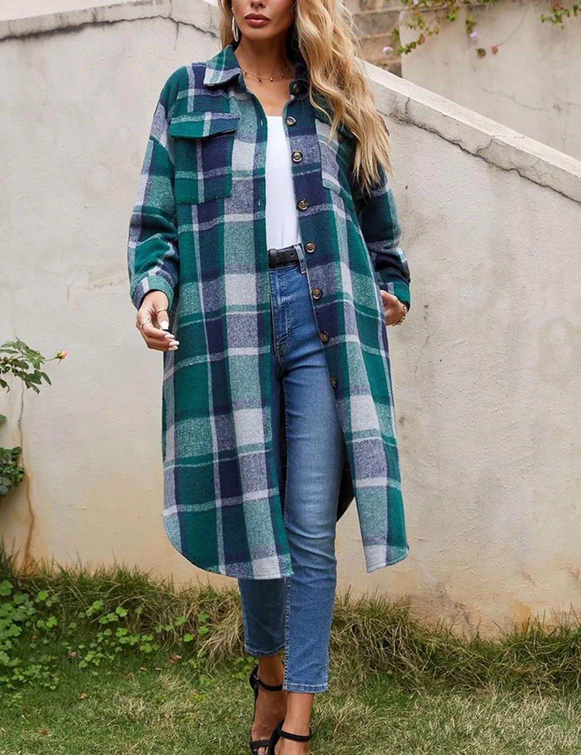 Himosyber Women's Casual Plaid Lapel Woolen Button Up Pocketed Long Shacket Coat