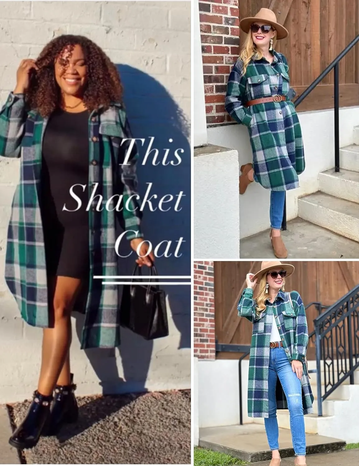 Himosyber Women's Casual Plaid Lapel Woolen Button Up Pocketed Long Shacket Coat