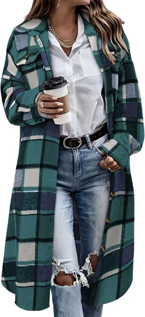 Himosyber Women's Casual Plaid Lapel Woolen Button Up Pocketed Long Shacket Coat
