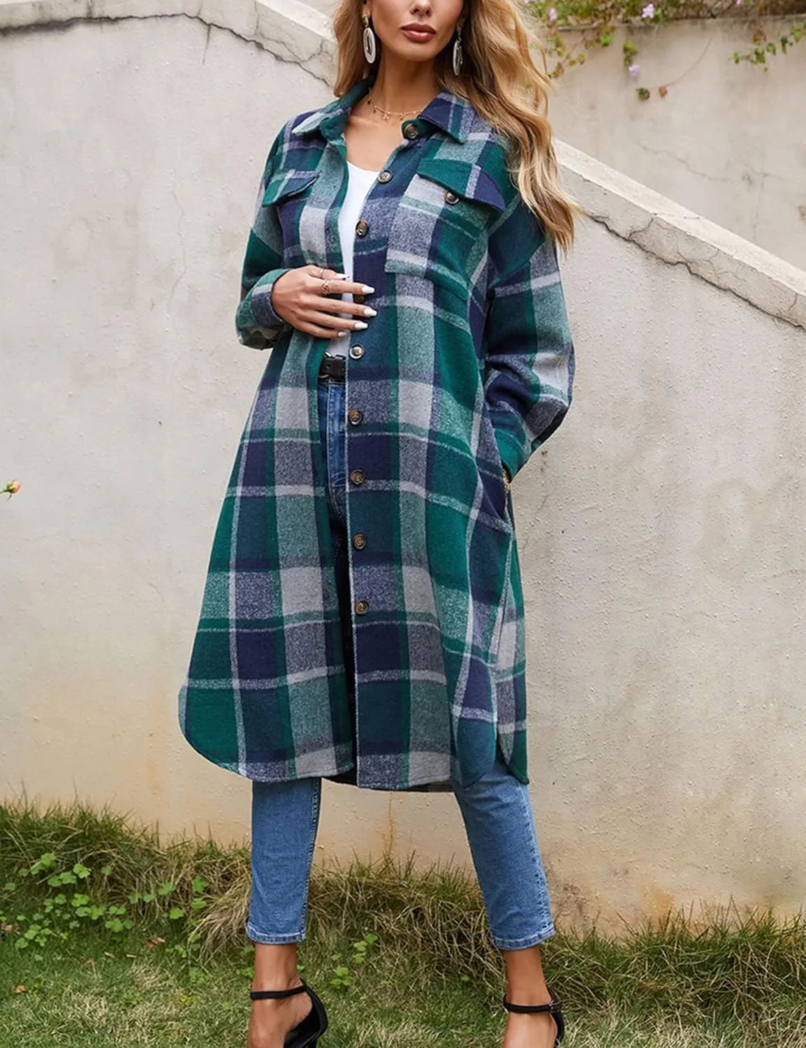 Himosyber Women's Casual Plaid Lapel Woolen Button Up Pocketed Long Shacket Coat