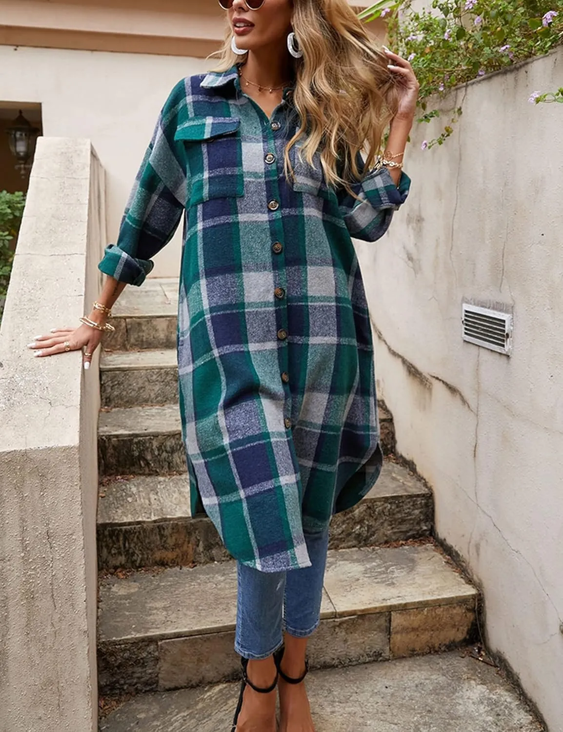 Himosyber Women's Casual Plaid Lapel Woolen Button Up Pocketed Long Shacket Coat