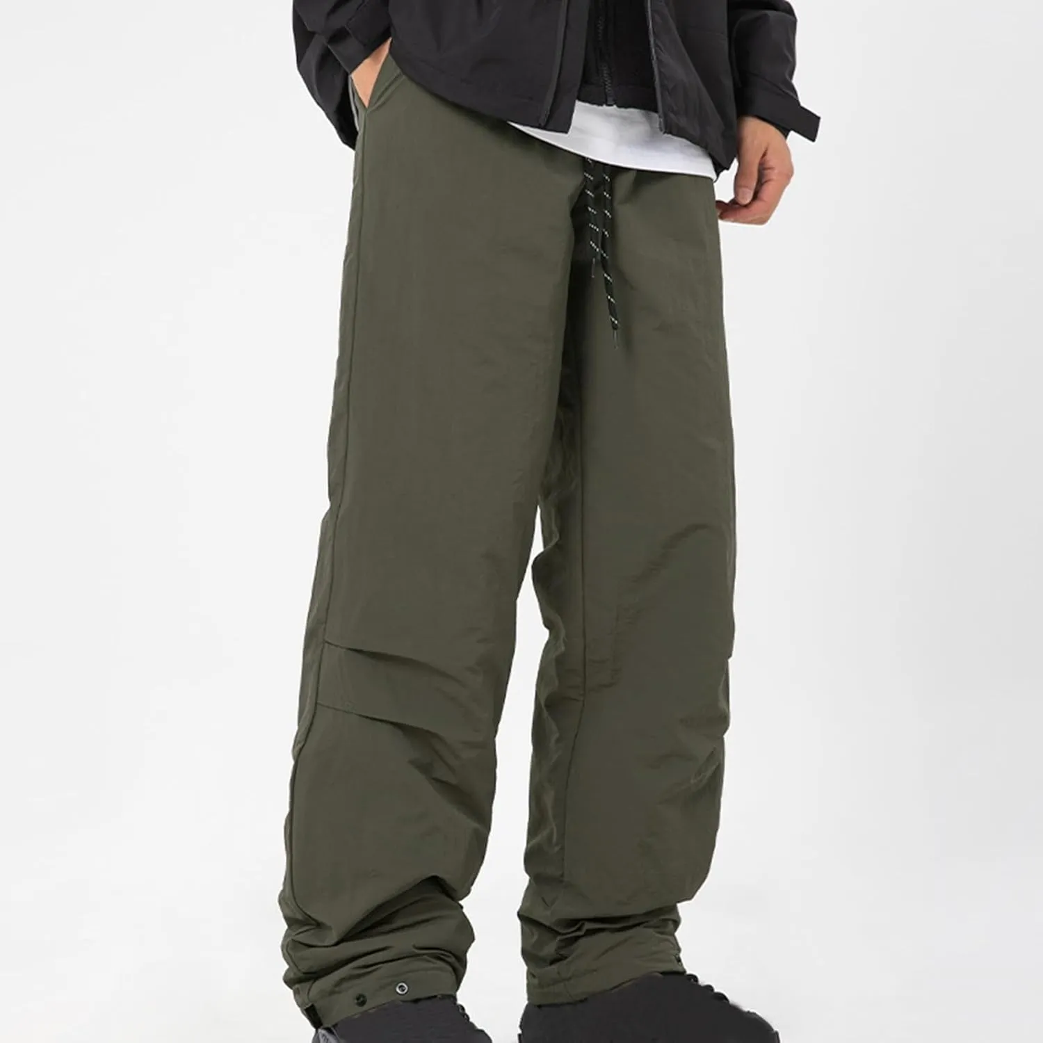 hlysgo Men Waterproof Pants Casual Loose Fit Fleece Lined Wide Leg Pants Drawstring Waist Outdoor Hiking Pants with Pockets