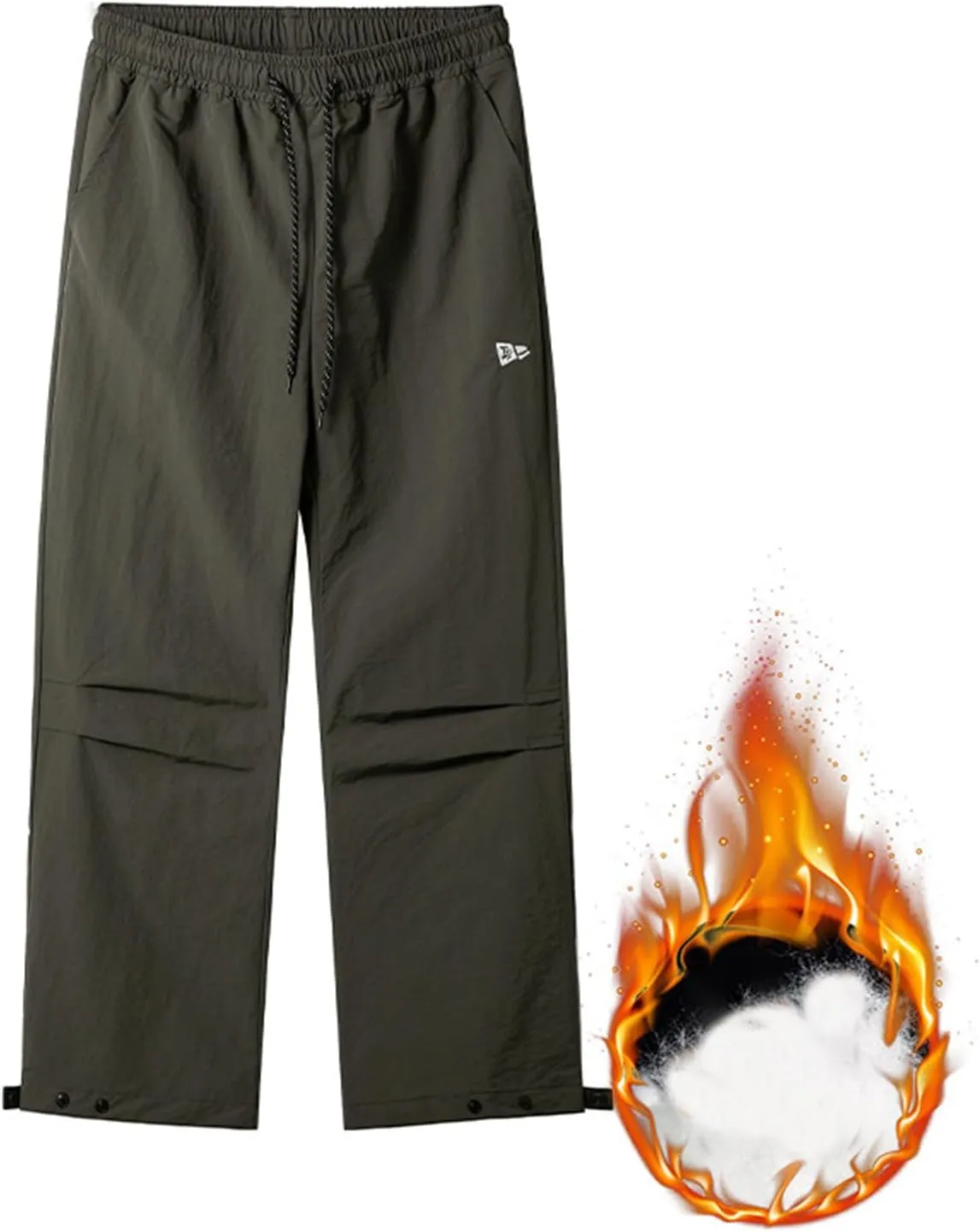 hlysgo Men Waterproof Pants Casual Loose Fit Fleece Lined Wide Leg Pants Drawstring Waist Outdoor Hiking Pants with Pockets