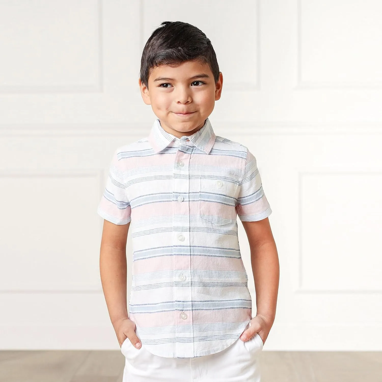 Hope & Henry Boys' Linen Short Sleeve Button Down Shirt