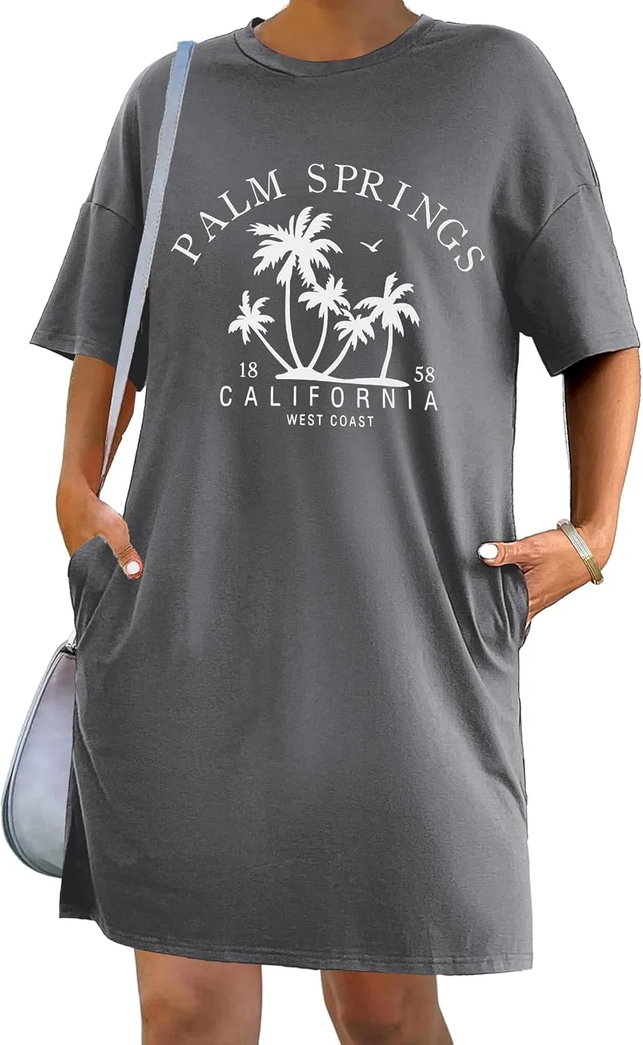 HOTOUCH Women's T Shirt Casual Dress Oversized Graphic Print Short Sleeve O Neck Beach Dress with Pockets Nightgown