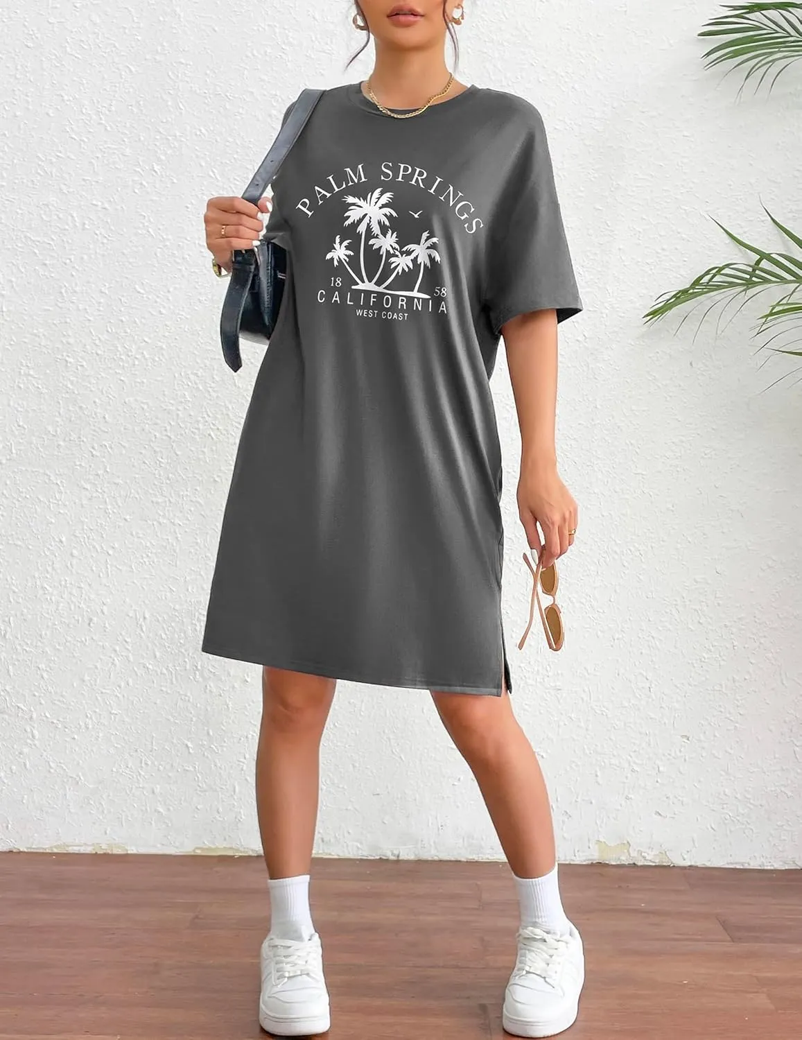 HOTOUCH Women's T Shirt Casual Dress Oversized Graphic Print Short Sleeve O Neck Beach Dress with Pockets Nightgown