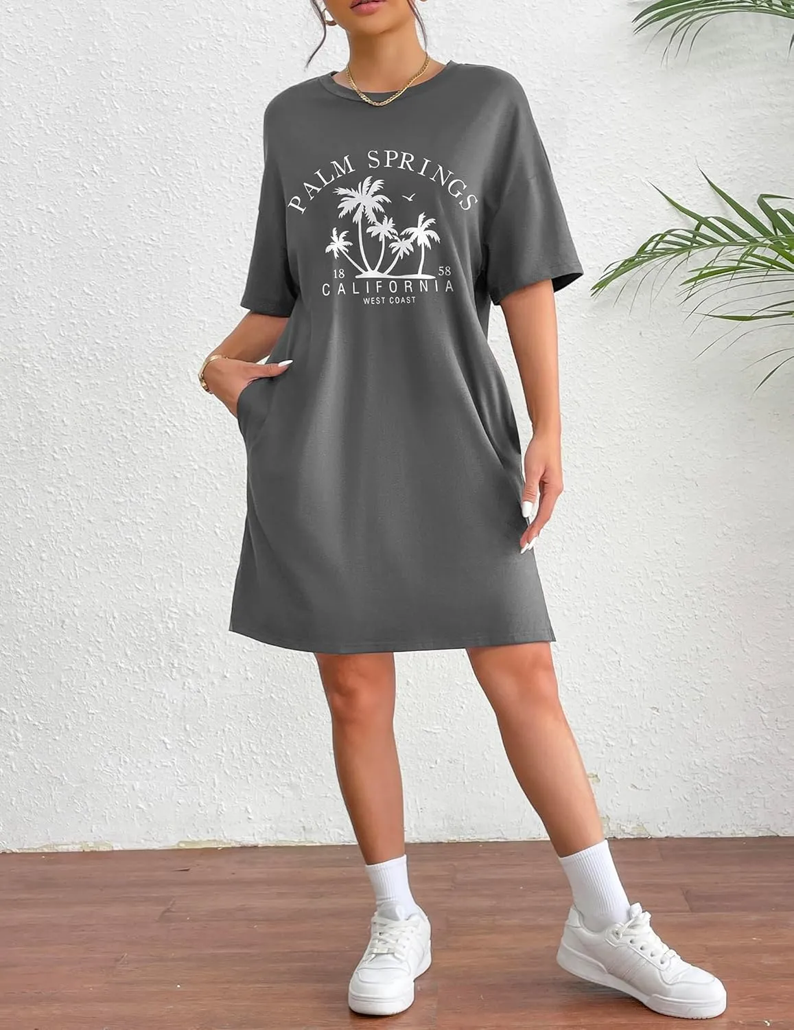 HOTOUCH Women's T Shirt Casual Dress Oversized Graphic Print Short Sleeve O Neck Beach Dress with Pockets Nightgown