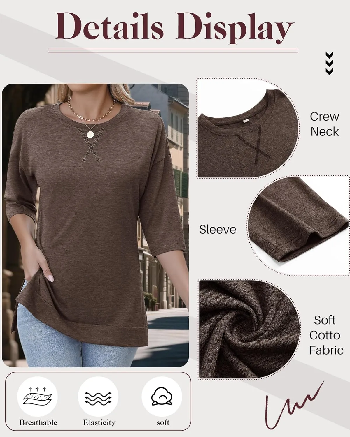 Huukeay 3 Pack Women's 3/4 Sleeve Cotton Tunic Tops Side Slit Loose Fit Round Neck Tee Shirt Casual Basic Blouse for Leggings