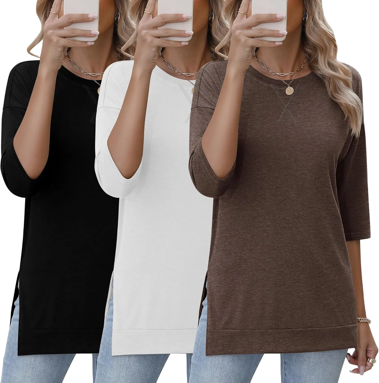 Huukeay 3 Pack Women's 3/4 Sleeve Cotton Tunic Tops Side Slit Loose Fit Round Neck Tee Shirt Casual Basic Blouse for Leggings