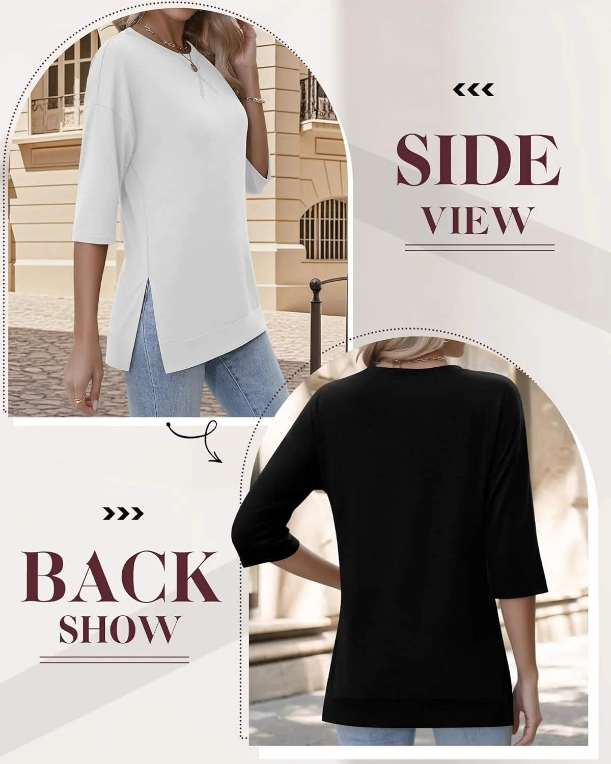 Huukeay 3 Pack Women's 3/4 Sleeve Cotton Tunic Tops Side Slit Loose Fit Round Neck Tee Shirt Casual Basic Blouse for Leggings