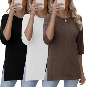 Huukeay 3 Pack Women's 3/4 Sleeve Cotton Tunic Tops Side Slit Loose Fit Round Neck Tee Shirt Casual Basic Blouse for Leggings