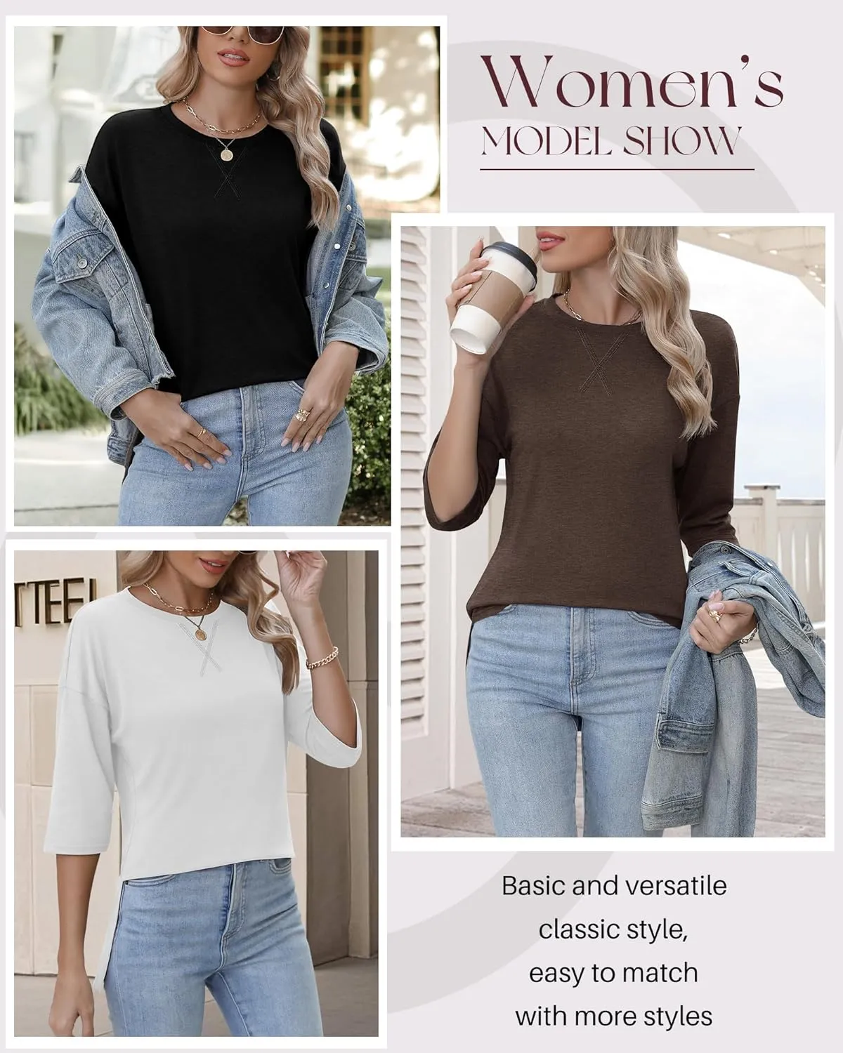 Huukeay 3 Pack Women's 3/4 Sleeve Cotton Tunic Tops Side Slit Loose Fit Round Neck Tee Shirt Casual Basic Blouse for Leggings