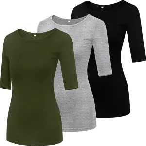 Huukeay 3 Pack Women's Half Sleeve T Shirt 1/2 Sleeve T Shirt Tops Womens Basic Round Neck Slim Fit Stretchy Tees
