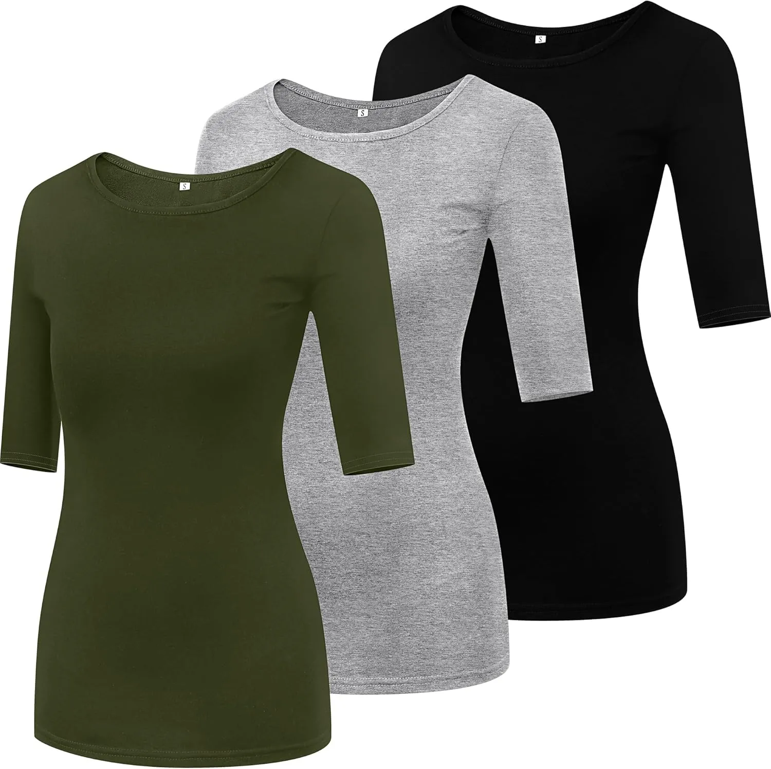 Huukeay 3 Pack Women's Half Sleeve T Shirt 1/2 Sleeve T Shirt Tops Womens Basic Round Neck Slim Fit Stretchy Tees