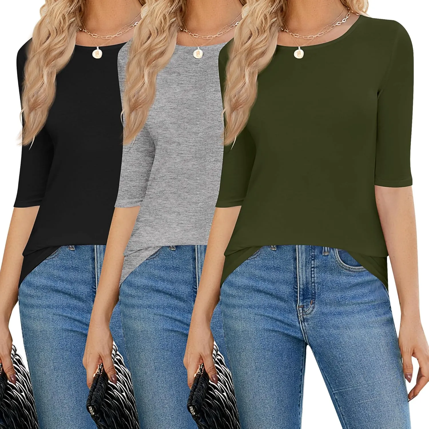 Huukeay 3 Pack Women's Half Sleeve T Shirt 1/2 Sleeve T Shirt Tops Womens Basic Round Neck Slim Fit Stretchy Tees