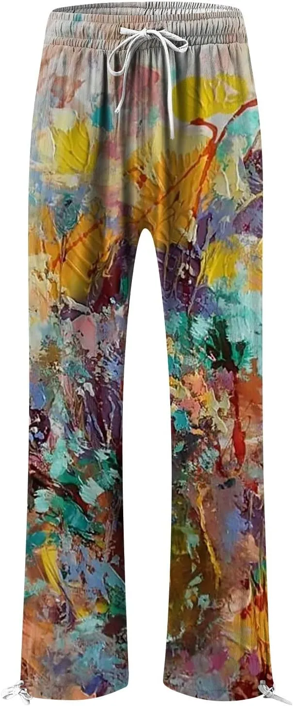 HXHYQKP Women Cotton Linen Palazzo Pants Summer Wide Leg High Waist Lounge Flowy Adjustable Pant Trousers with Pockets 2024