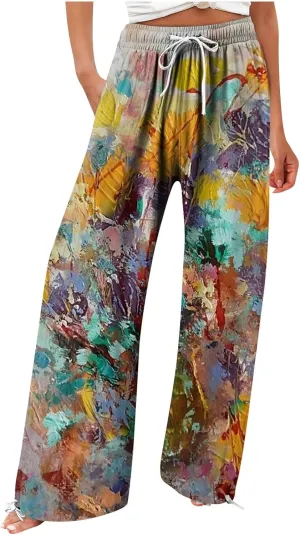 HXHYQKP Women Cotton Linen Palazzo Pants Summer Wide Leg High Waist Lounge Flowy Adjustable Pant Trousers with Pockets 2024