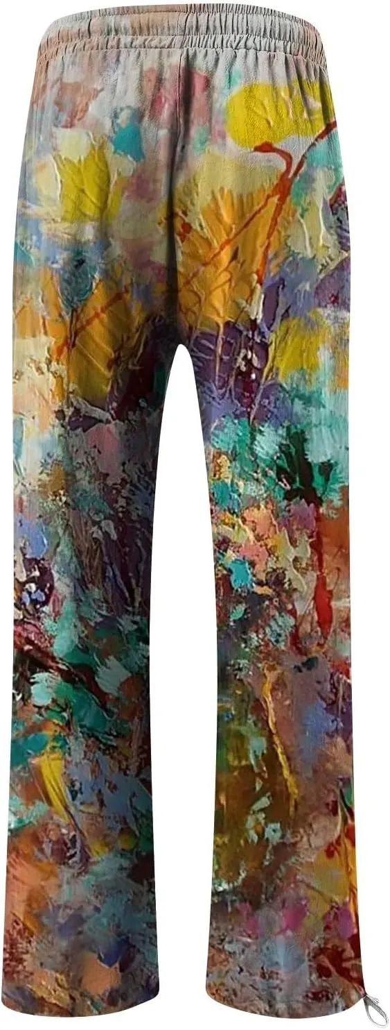 HXHYQKP Women Cotton Linen Palazzo Pants Summer Wide Leg High Waist Lounge Flowy Adjustable Pant Trousers with Pockets 2024