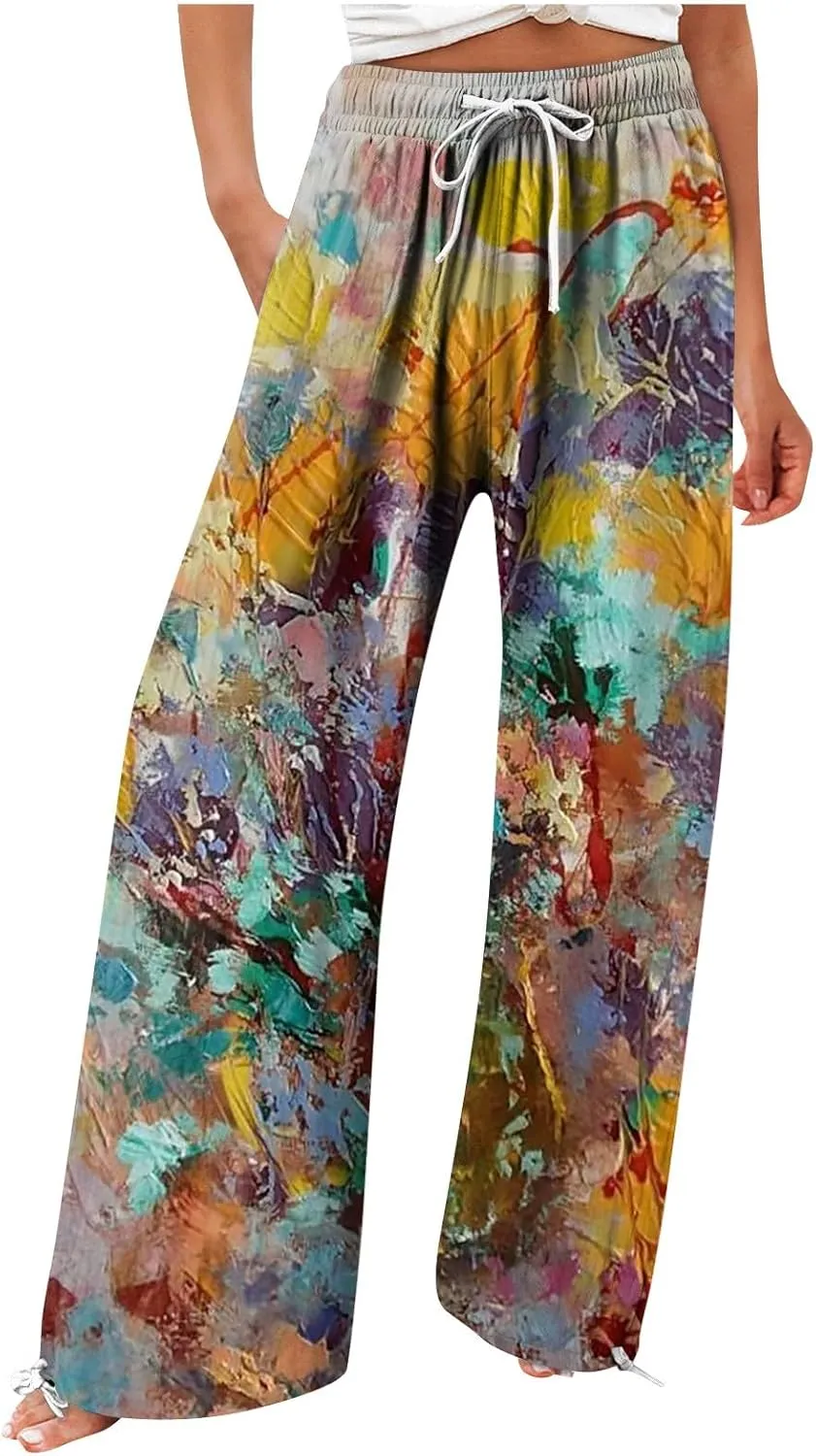 HXHYQKP Women Cotton Linen Palazzo Pants Summer Wide Leg High Waist Lounge Flowy Adjustable Pant Trousers with Pockets 2024