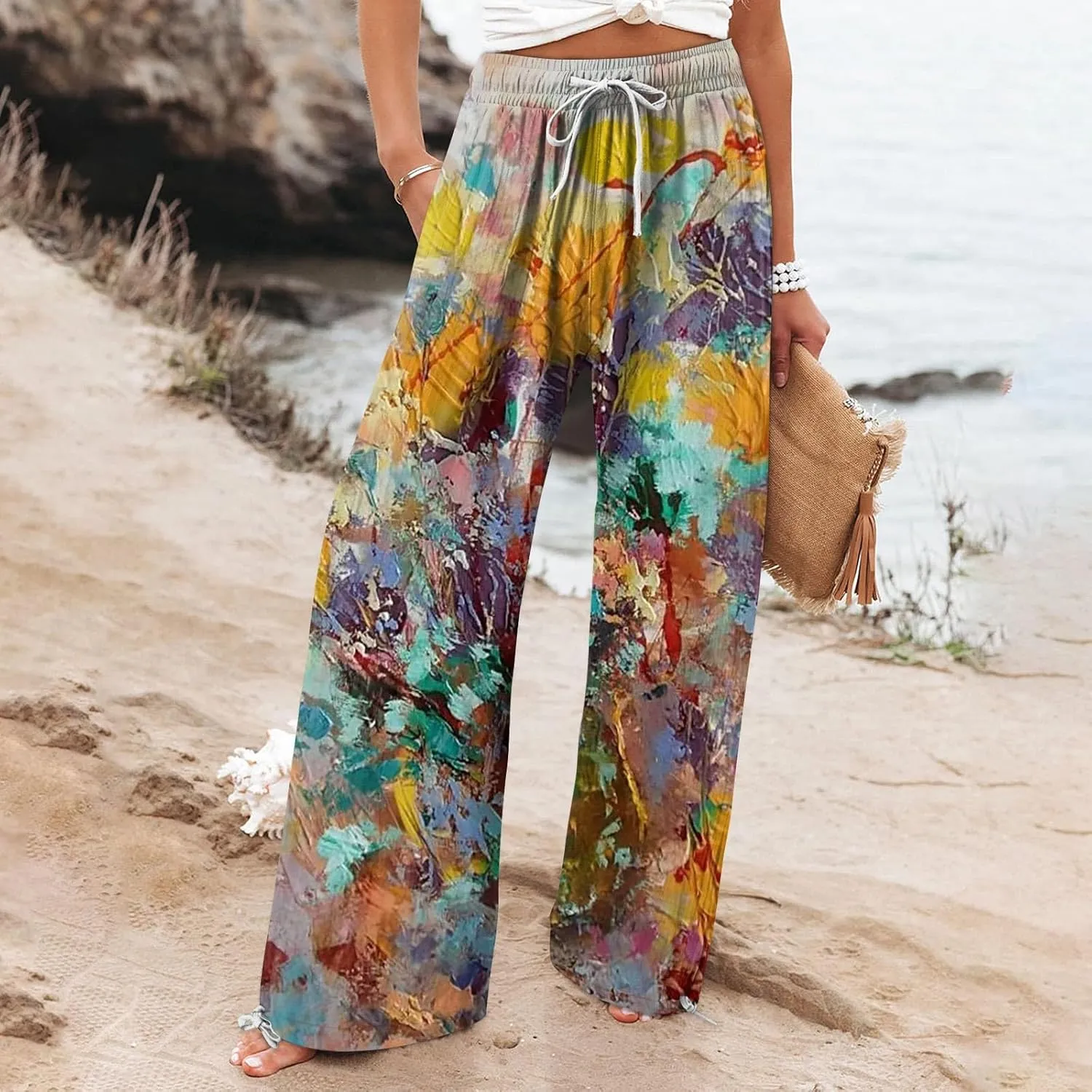 HXHYQKP Women Cotton Linen Palazzo Pants Summer Wide Leg High Waist Lounge Flowy Adjustable Pant Trousers with Pockets 2024