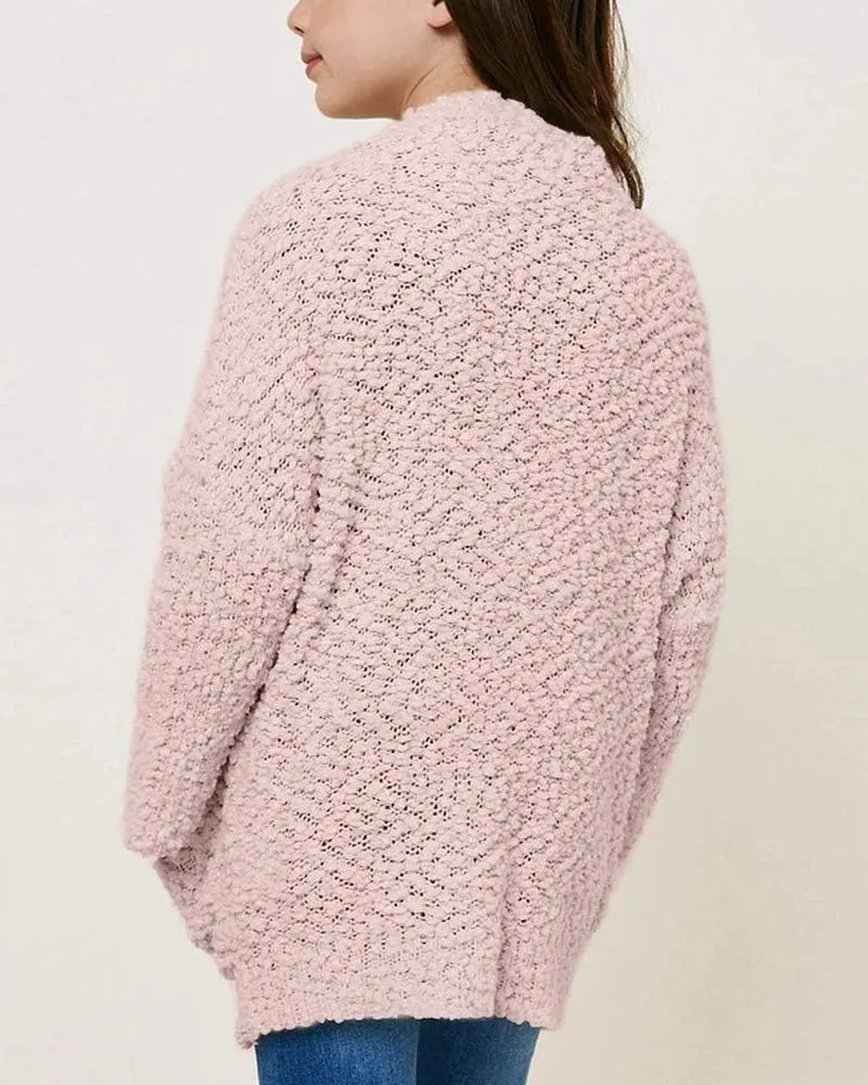 Imily Bela Girls Cardigan Open Front Popcorn Knit Long Sleeve Sweaters Coat with Pockets