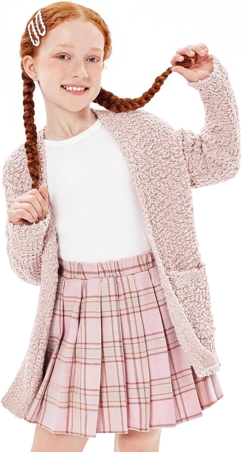 Imily Bela Girls Cardigan Open Front Popcorn Knit Long Sleeve Sweaters Coat with Pockets