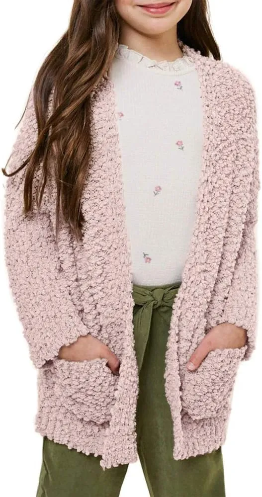 Imily Bela Girls Cardigan Open Front Popcorn Knit Long Sleeve Sweaters Coat with Pockets