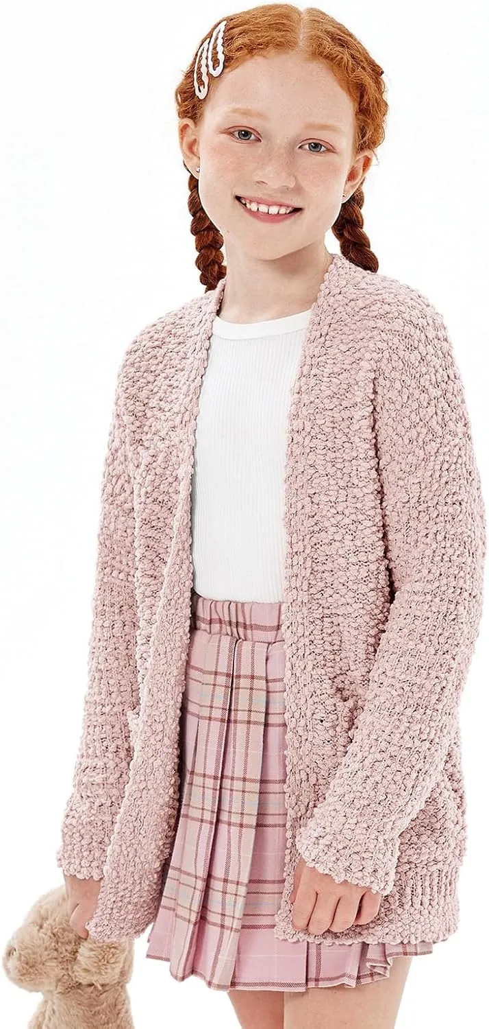Imily Bela Girls Cardigan Open Front Popcorn Knit Long Sleeve Sweaters Coat with Pockets