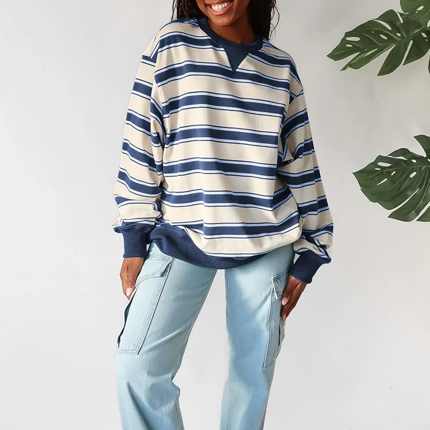 IMISSILLEB Women Oversized Patchwork Sweatshirt Long Sleeve Crewneck Color Block Striped Pullovers 2024 Fall Casual Tops