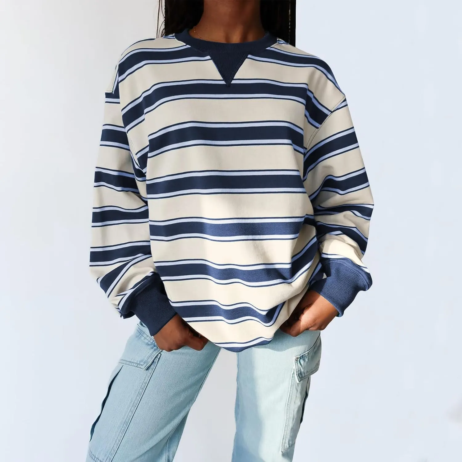 IMISSILLEB Women Oversized Patchwork Sweatshirt Long Sleeve Crewneck Color Block Striped Pullovers 2024 Fall Casual Tops