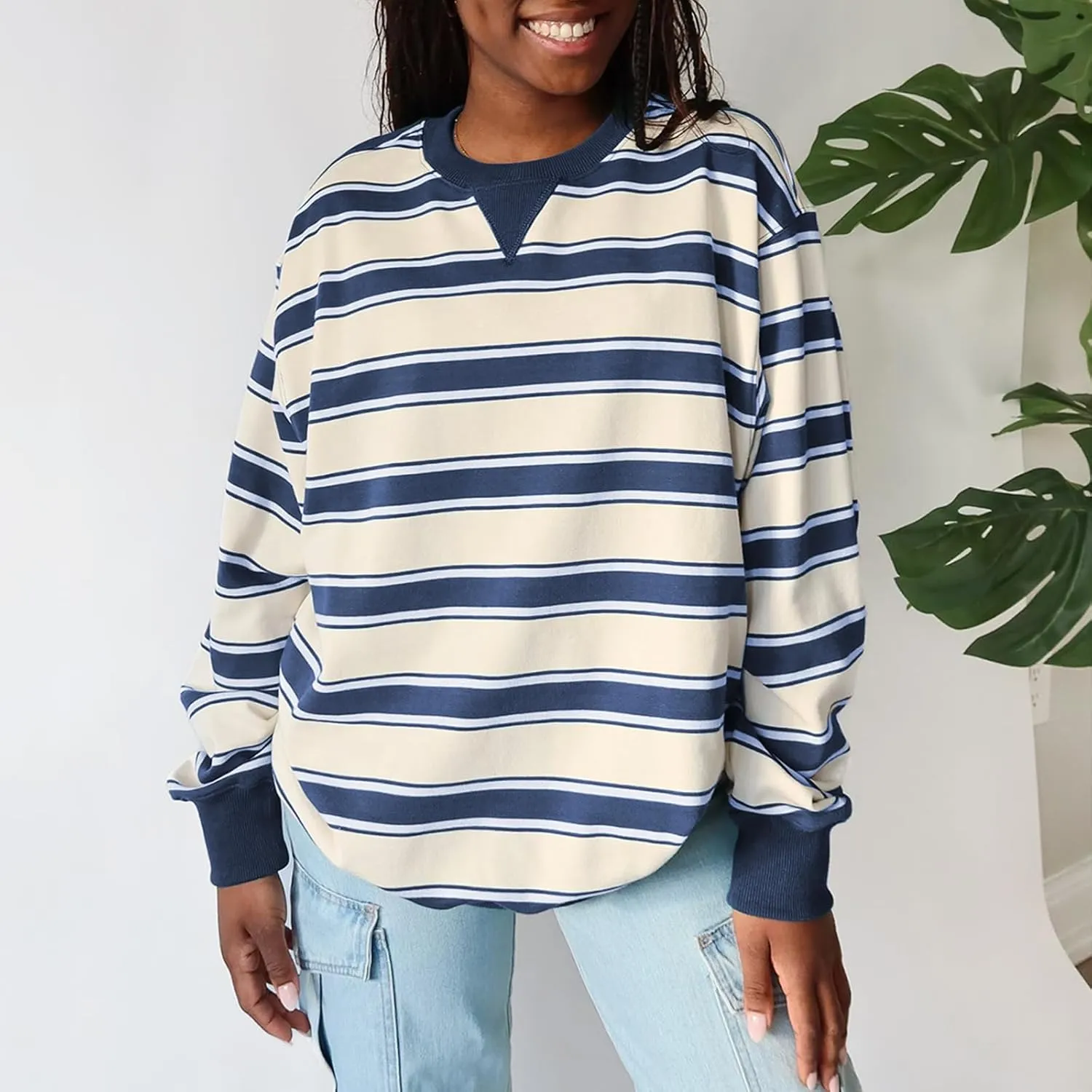 IMISSILLEB Women Oversized Patchwork Sweatshirt Long Sleeve Crewneck Color Block Striped Pullovers 2024 Fall Casual Tops