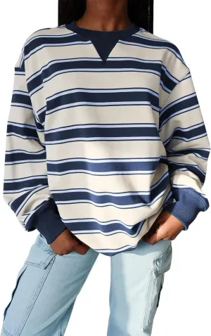 IMISSILLEB Women Oversized Patchwork Sweatshirt Long Sleeve Crewneck Color Block Striped Pullovers 2024 Fall Casual Tops