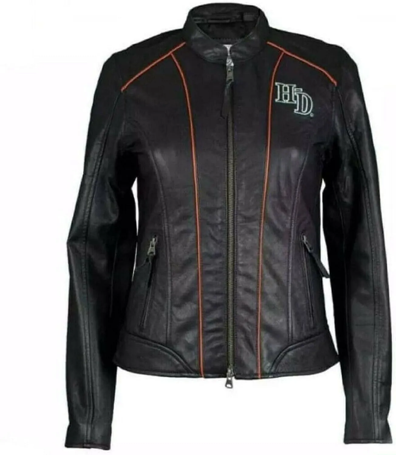 Jacket Hub Womens Black Classic Leather Harley Motorcycle Jacket, Biker Jacket for Ladies with Side Laces