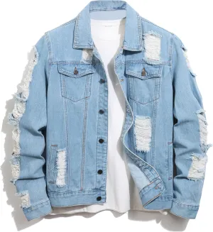 Jean Jacket Men, Men's Denim Jacket Distressed Ripped Slim Fit Stretch Trucker Jackets Classic Casual Denim Coat