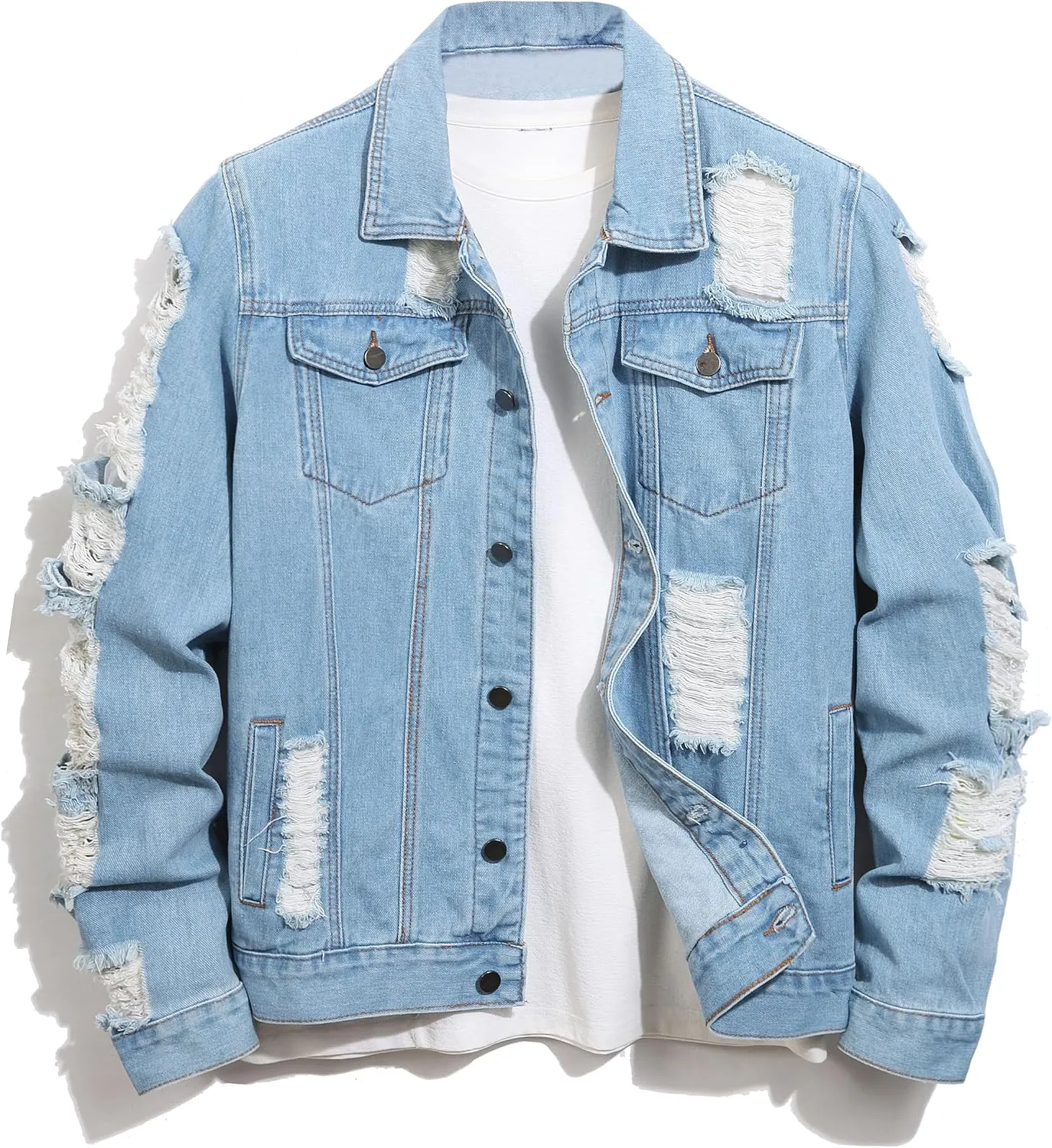 Jean Jacket Men, Men's Denim Jacket Distressed Ripped Slim Fit Stretch Trucker Jackets Classic Casual Denim Coat