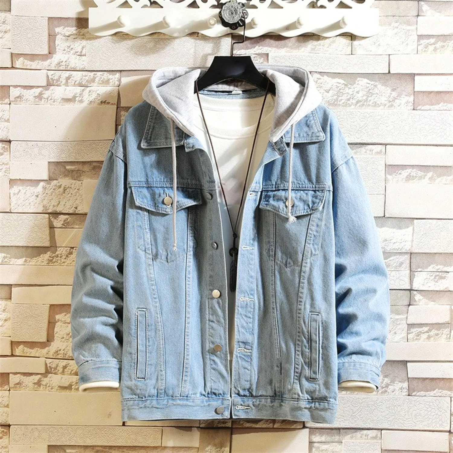 JEKE-DG Men Hoodie Jean Jacket Casual Slim Fit Denim Jacket Casual Long Sleeve Distressed Trucker Outwear with Hood