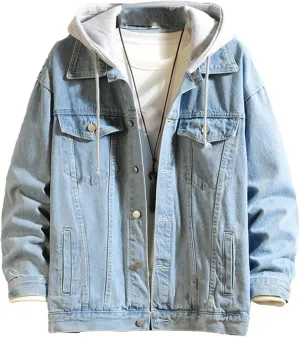 JEKE-DG Men Hoodie Jean Jacket Casual Slim Fit Denim Jacket Casual Long Sleeve Distressed Trucker Outwear with Hood