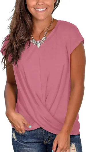 Jescakoo Women's Short Sleeve Round Neck T Shirt Front Twist Tunic Tops Casual Loose Fitted