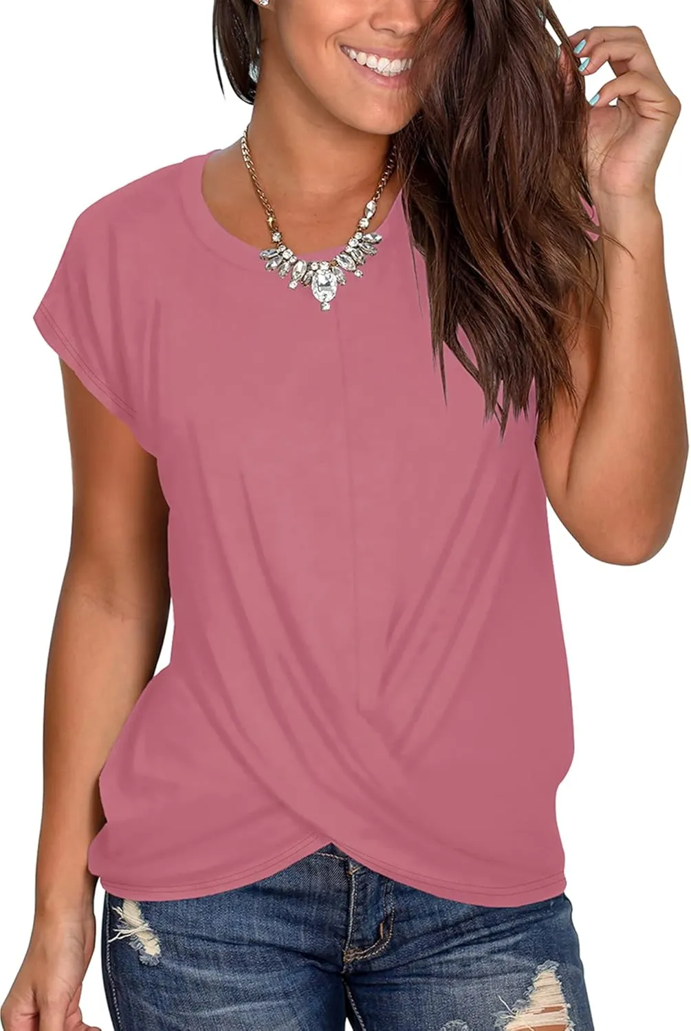 Jescakoo Women's Short Sleeve Round Neck T Shirt Front Twist Tunic Tops Casual Loose Fitted