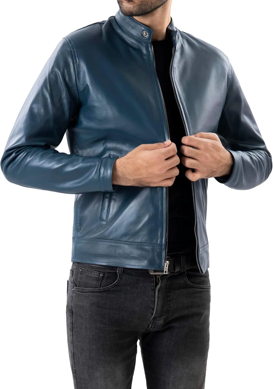 Jild Classical Single Piece Lambskin Leather Jacket Men - Everyday Wear Snap Tab Collar Mens Motorcycle Leather Jacket