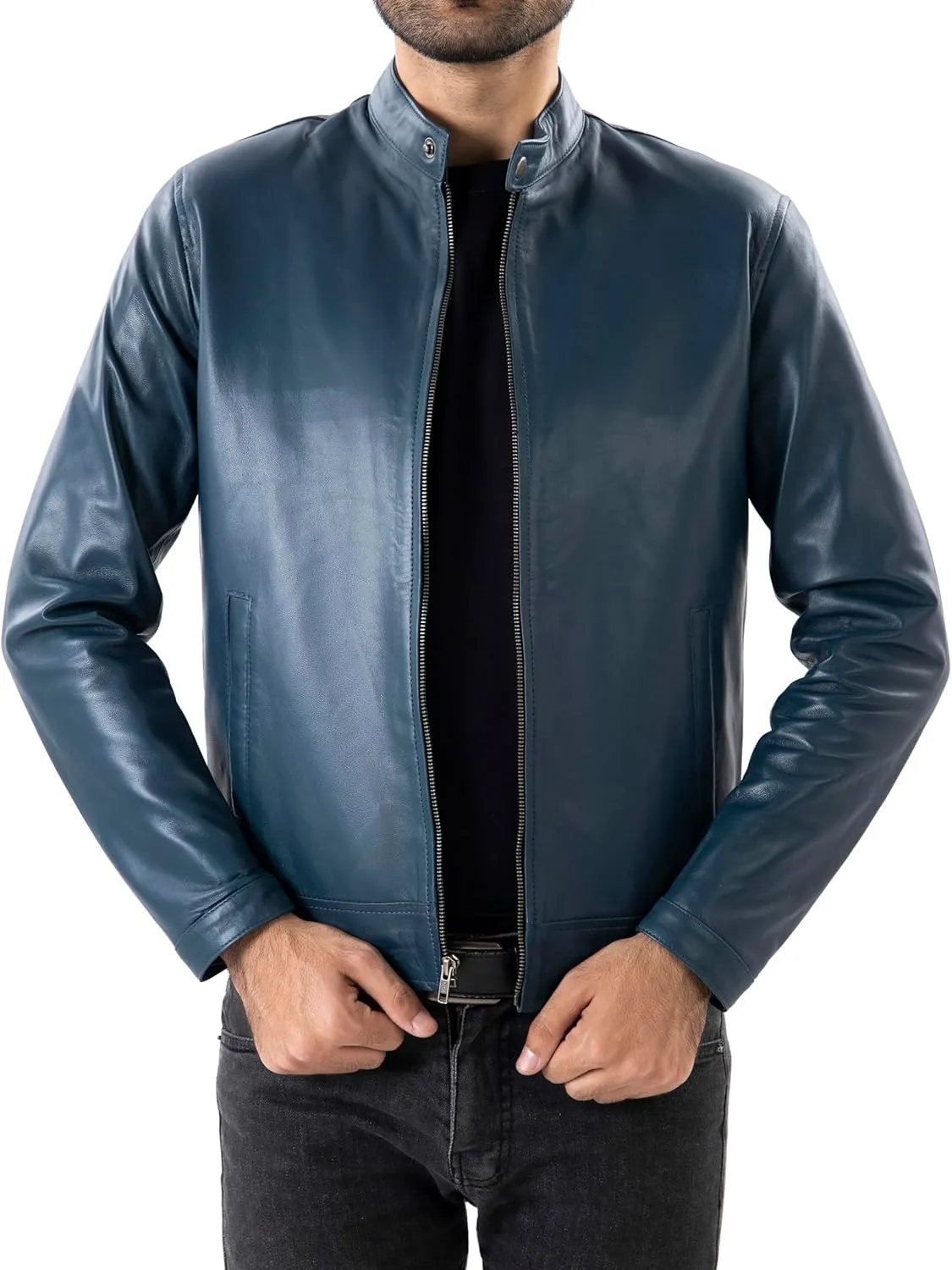 Jild Classical Single Piece Lambskin Leather Jacket Men - Everyday Wear Snap Tab Collar Mens Motorcycle Leather Jacket