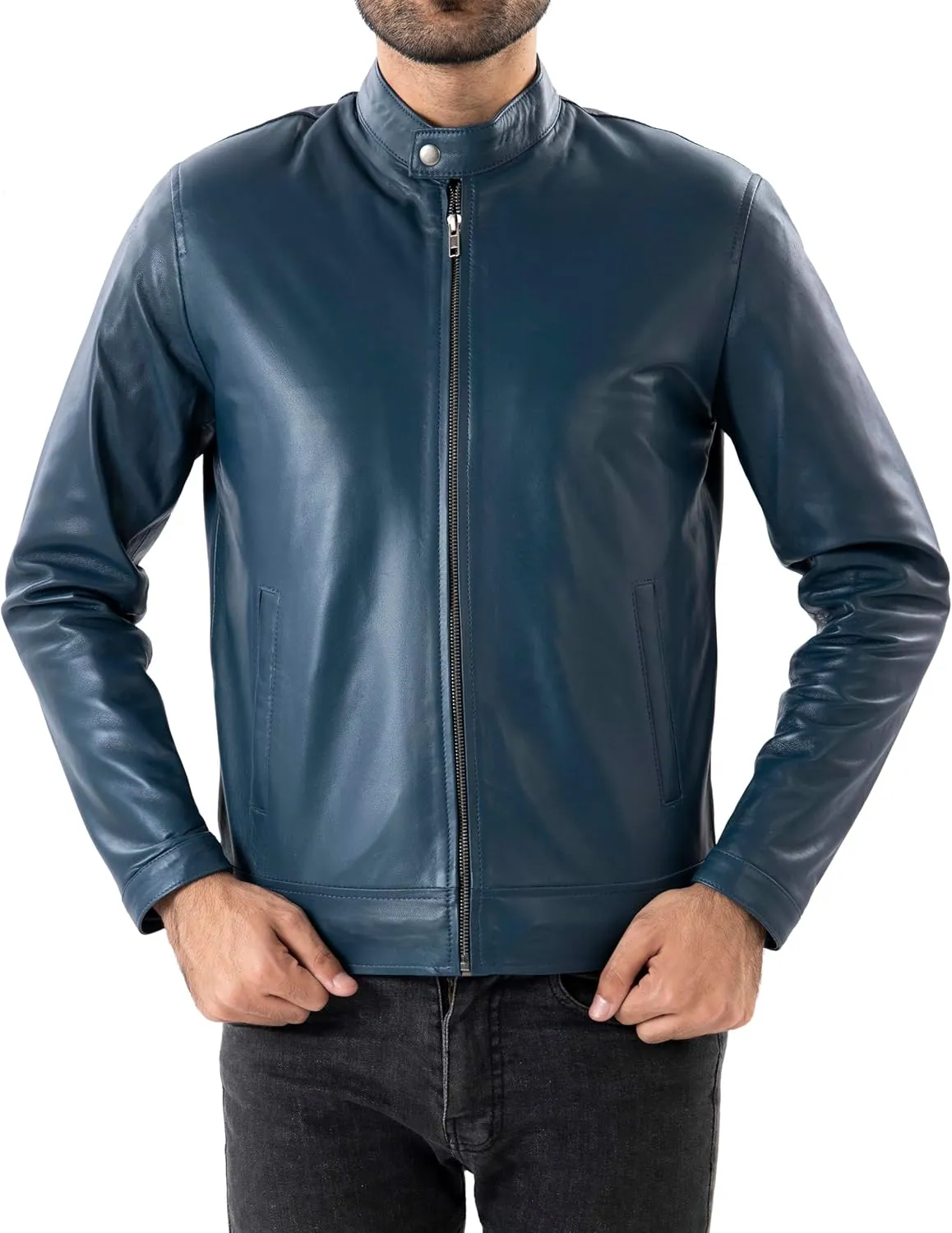 Jild Classical Single Piece Lambskin Leather Jacket Men - Everyday Wear Snap Tab Collar Mens Motorcycle Leather Jacket