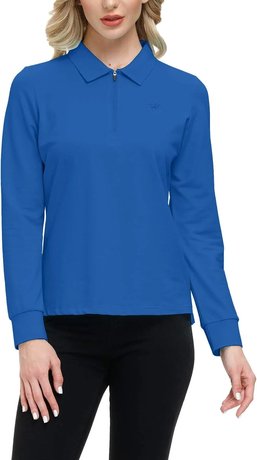 JINSHI Women's Golf Polo Shirt Long Sleeves Zip Up Sport Active Shirts Quick Dry Athletic T-Shirt Casual Tennis Tops Slim Fit