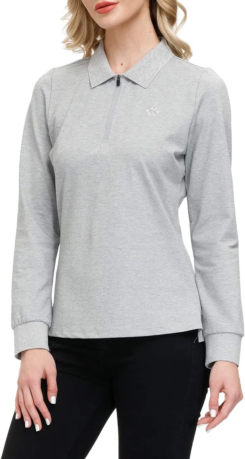 JINSHI Women's Golf Polo Shirt Long Sleeves Zip Up Sport Active Shirts Quick Dry Athletic T-Shirt Casual Tennis Tops Slim Fit