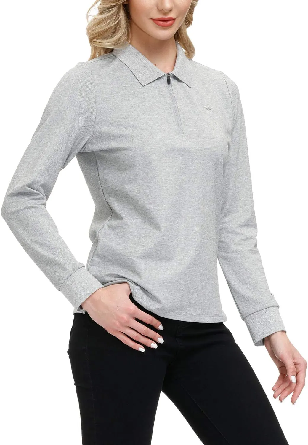 JINSHI Women's Golf Polo Shirt Long Sleeves Zip Up Sport Active Shirts Quick Dry Athletic T-Shirt Casual Tennis Tops Slim Fit