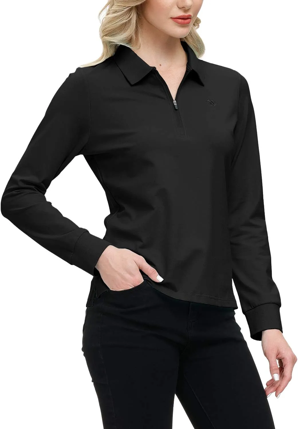 JINSHI Women's Golf Polo Shirt Long Sleeves Zip Up Sport Active Shirts Quick Dry Athletic T-Shirt Casual Tennis Tops Slim Fit